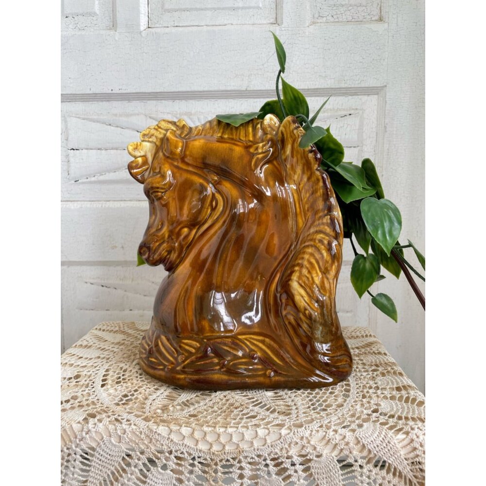 Vintage MCM Horse head TV Lamp/Planter Vase Brown Pottery  Works
